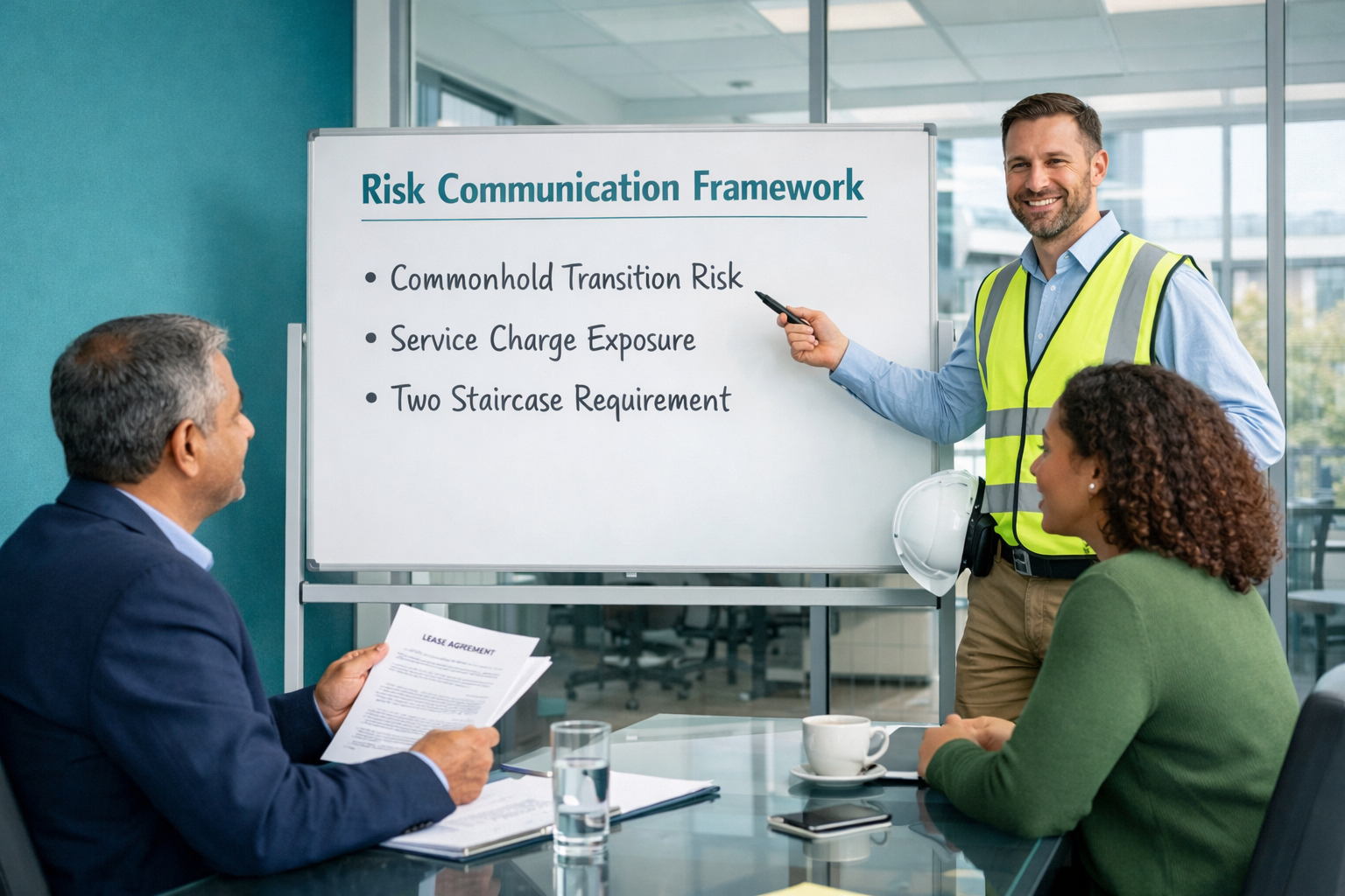 () scene showing a professional surveyor in a modern glass-walled meeting room presenting a risk communication framework on