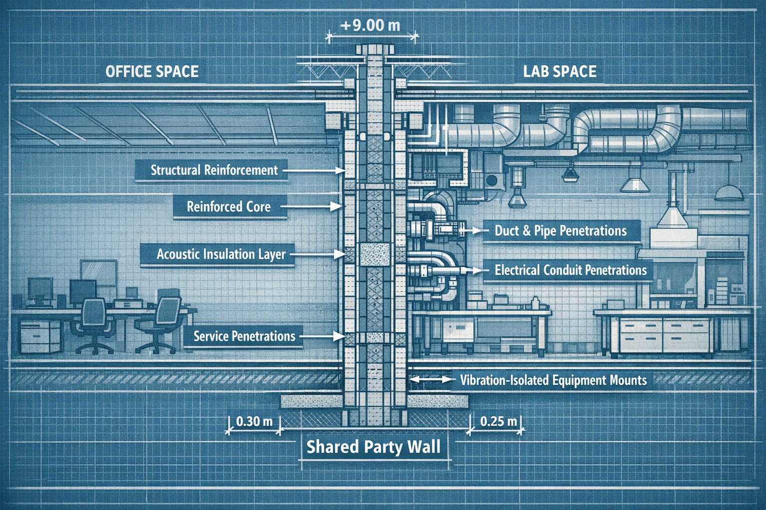 Detailed () image showing close-up of shared party wall between two commercial buildings during office-to-lab conversion,