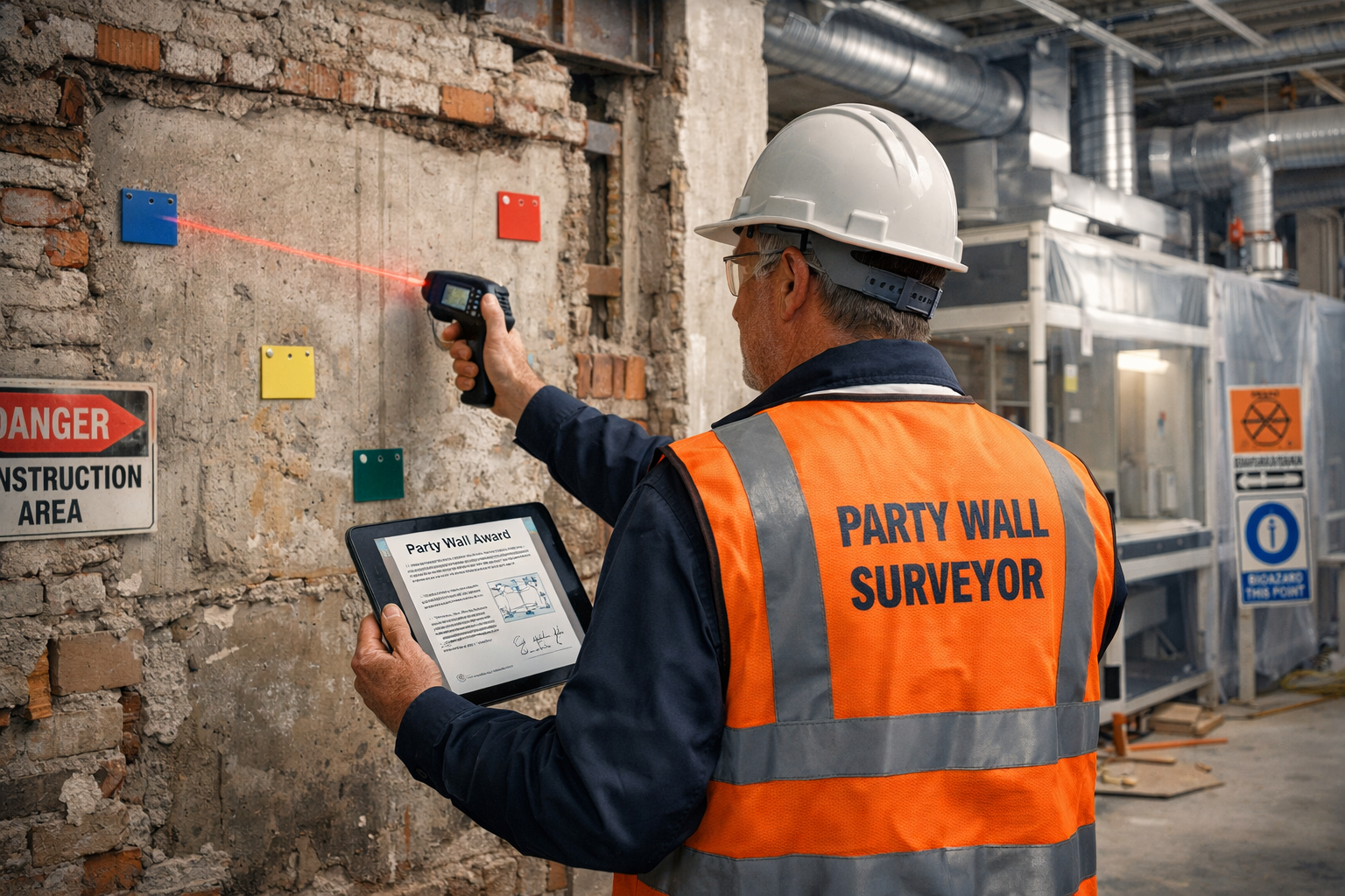 Wide () image depicting party wall surveyor in hard hat and high-visibility vest conducting detailed inspection at active