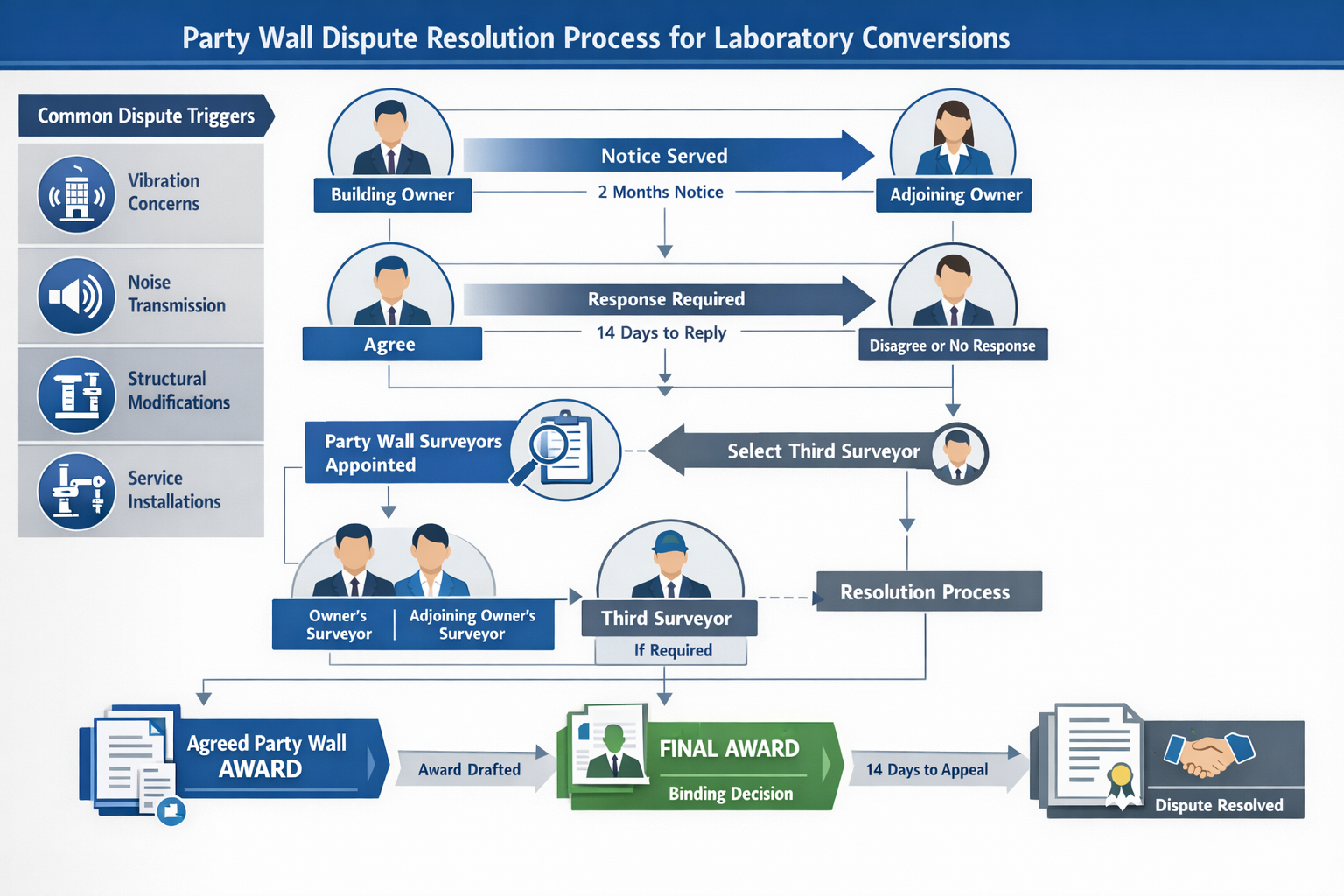 Comprehensive () infographic-style image showing flowchart of party wall dispute resolution process specific to laboratory