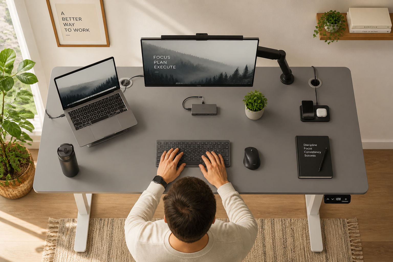 Digital illustration, graphic design style, Landscape format (1536x1024) overhead flat-lay photograph of a beautifully organized ergonomic home office workspace featuring a Desktronic-style height-adjustable standing desk at standing height, showing a laptop, external monitor on arm mount, organized cable management with grommets, USB-C charging cable neatly routed, wireless keyboard and mouse, small potted plant, and a person's hands typing. Warm natural daylight from the left, minimalist Scandinavian aesthetic, grey desk surface, white frame, productivity tools arranged artfully. Focus on workspace wellness and ergonomic setup details.