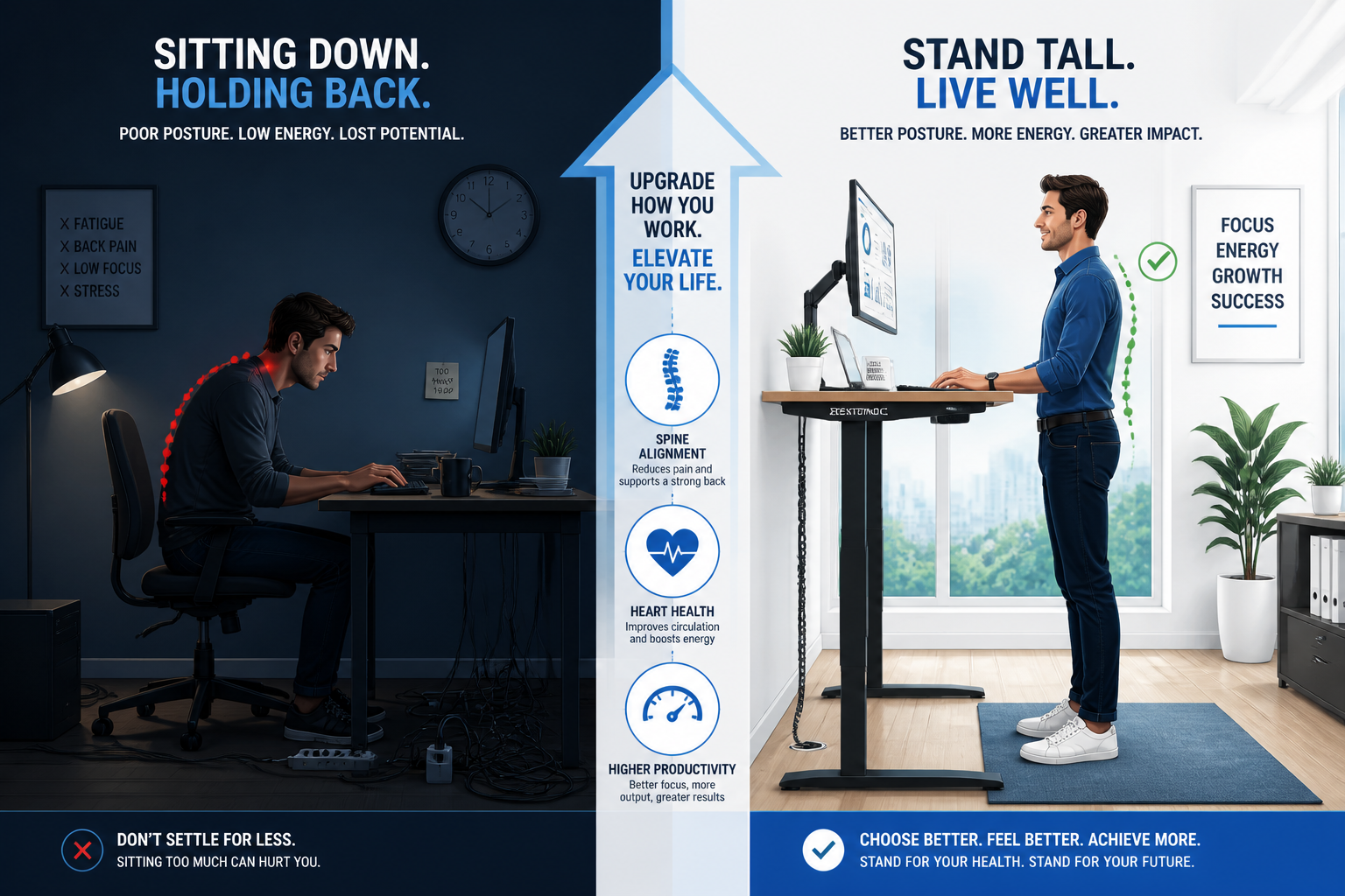 Digital illustration, graphic design style, Landscape format (1536x1024) split-scene comparison image showing left side a person seated at a traditional fixed desk with poor posture, hunched shoulders, dim lighting, cluttered cables on floor, versus right side the same person standing confidently at an elevated Desktronic-style sit-stand desk, perfect posture, bright organized workspace, cables neatly managed through grommets, energetic body language. Center dividing line with upward arrow and health benefit icons: spine alignment, heart rate, productivity meter. Clean editorial style, blue and white color palette, motivational health-conscious workspace theme.