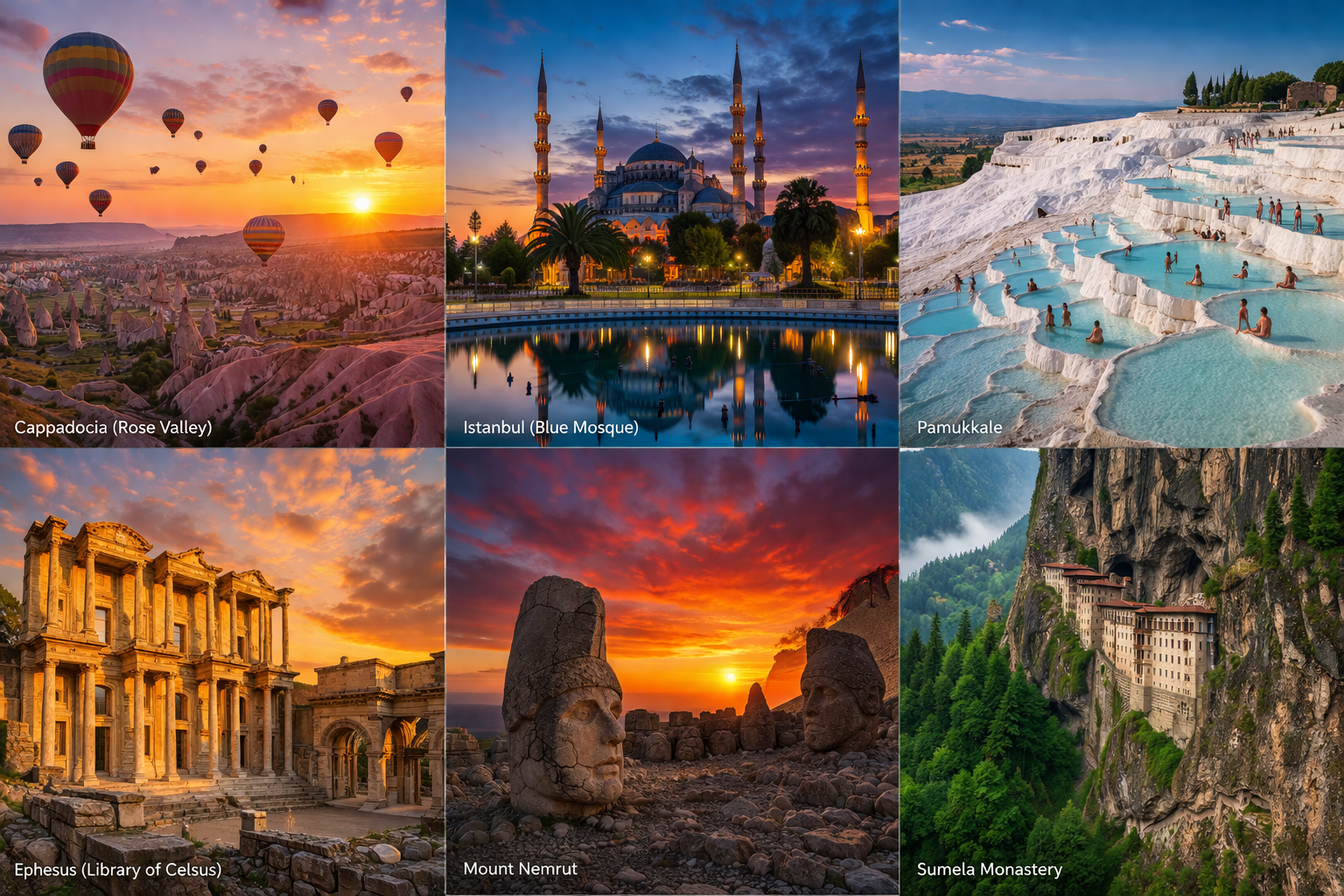 () editorial photo montage showing six iconic Turkish photography locations arranged in a 2x3 grid: top row features