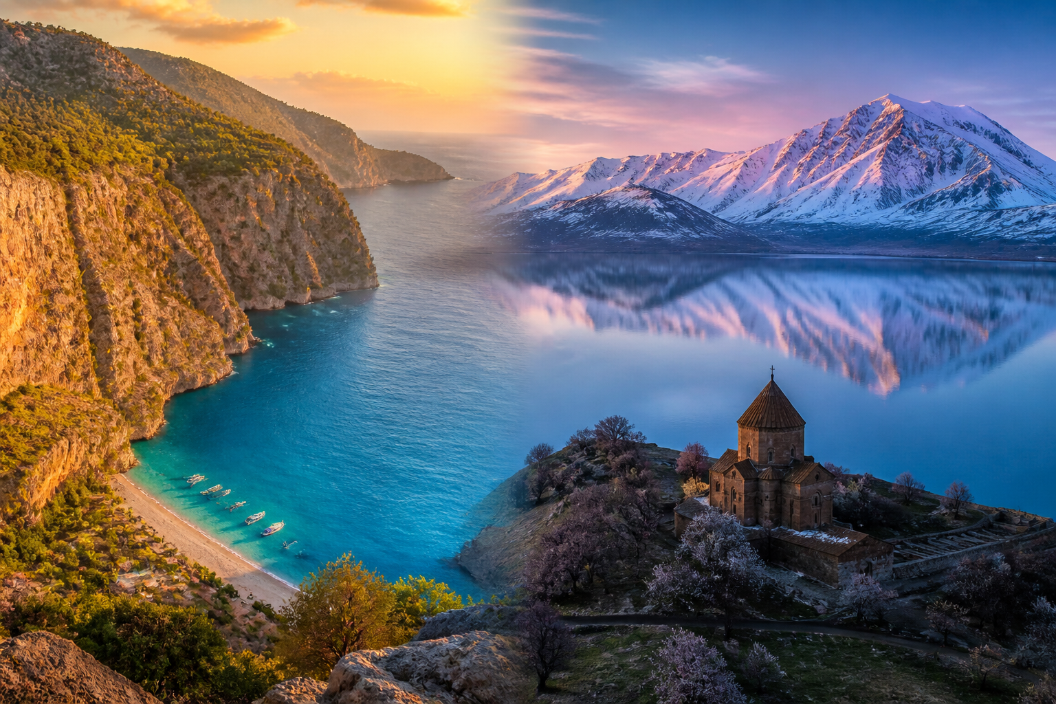 () detailed travel photography scene split into two halves: left side shows Butterfly Valley near Fethiye from aerial