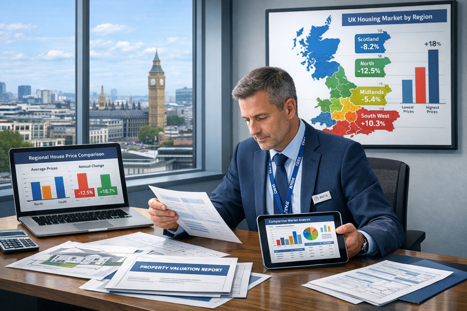Detailed () image showing professional RICS surveyor in business attire examining property documents with digital tablet