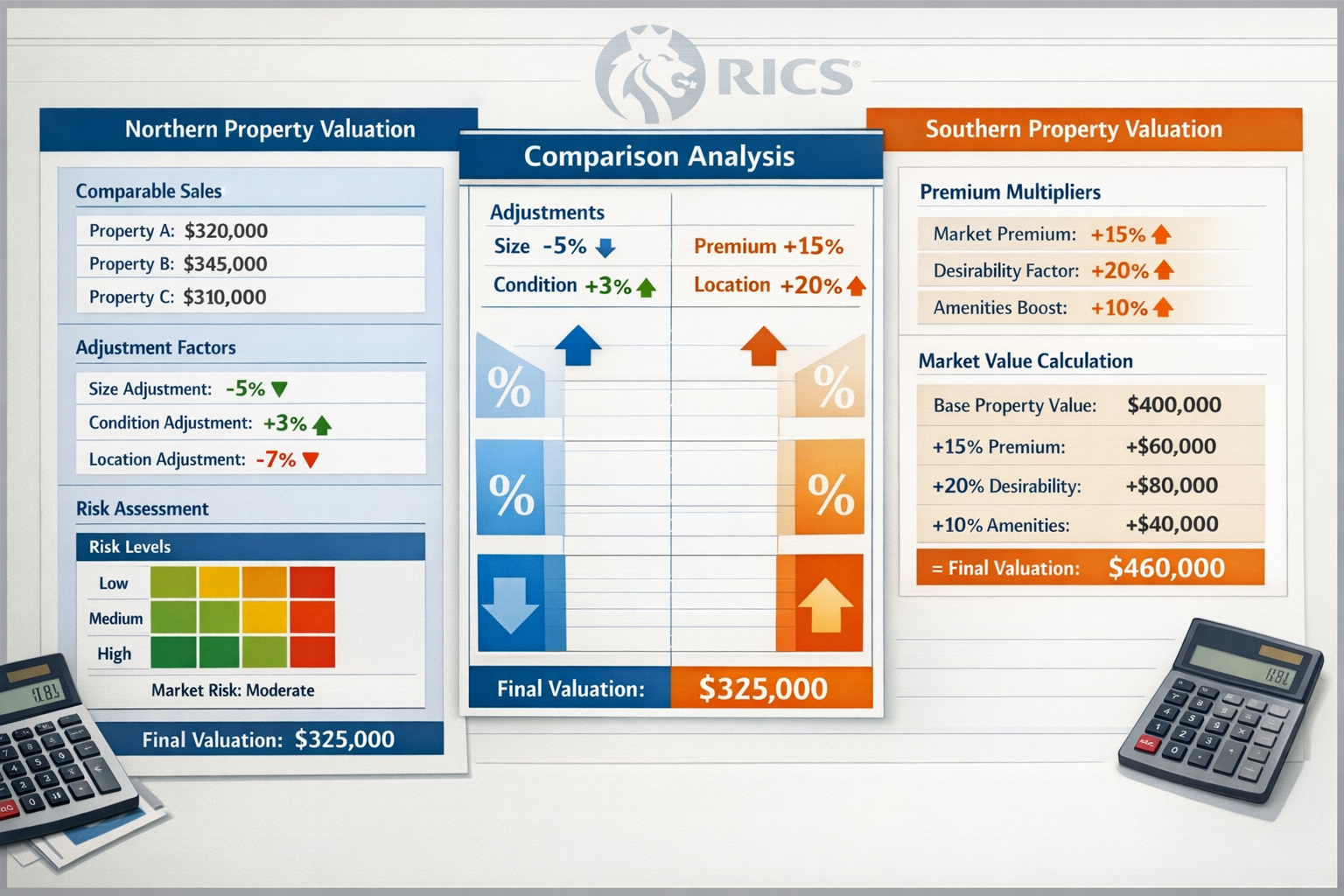 Comprehensive () infographic-style image displaying side-by-side property comparison framework. Left panel shows detailed
