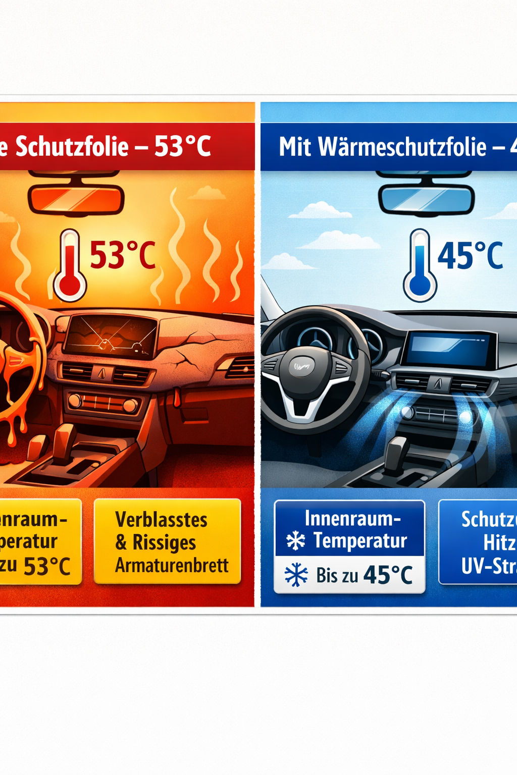 () split-scene infographic illustration showing two car interiors side by side: left side labeled 'Ohne Schutzfolie – 53°C'