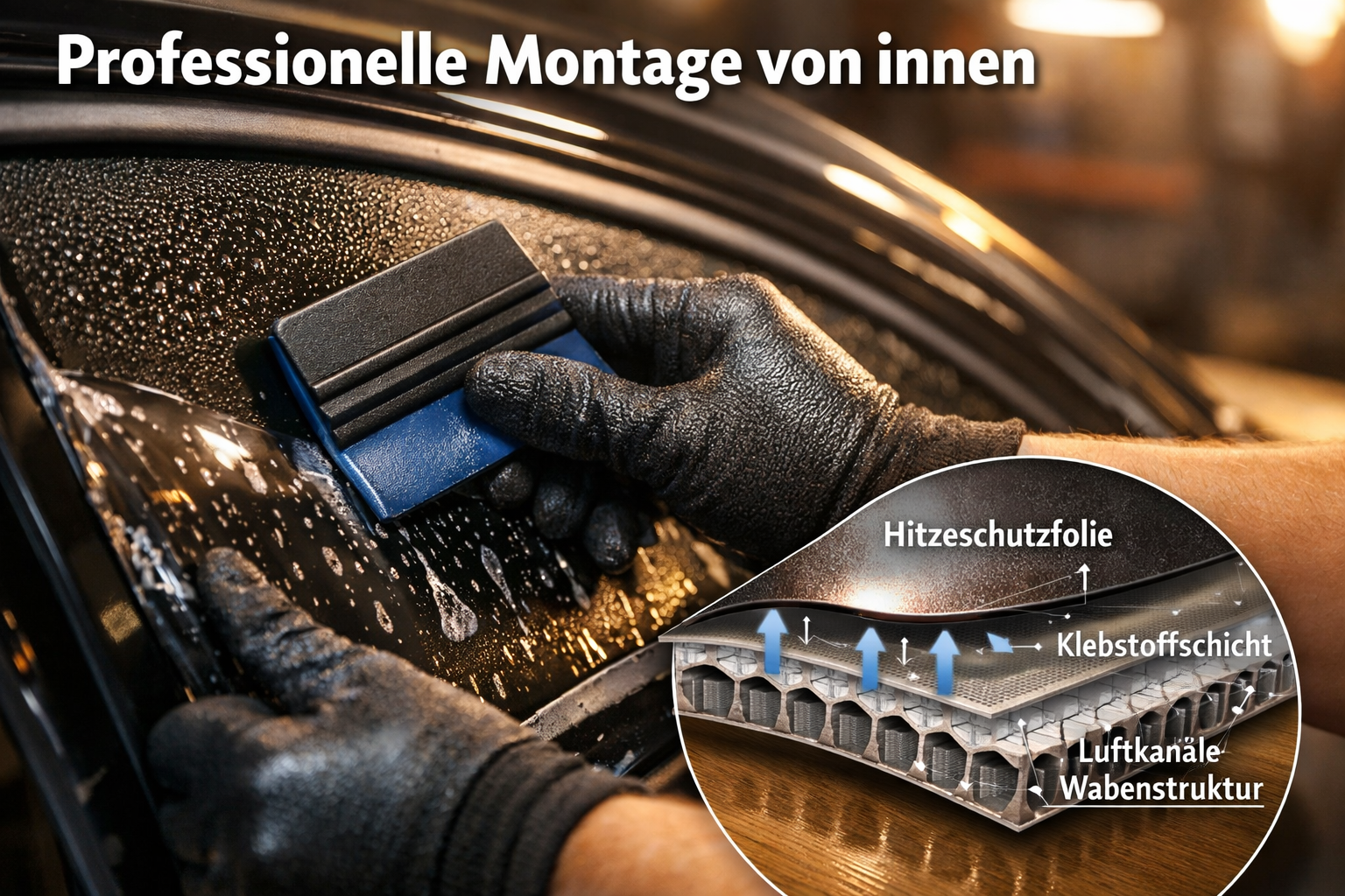 () close-up macro photography of a car window with a semi-transparent heat protection film being applied by gloved hands