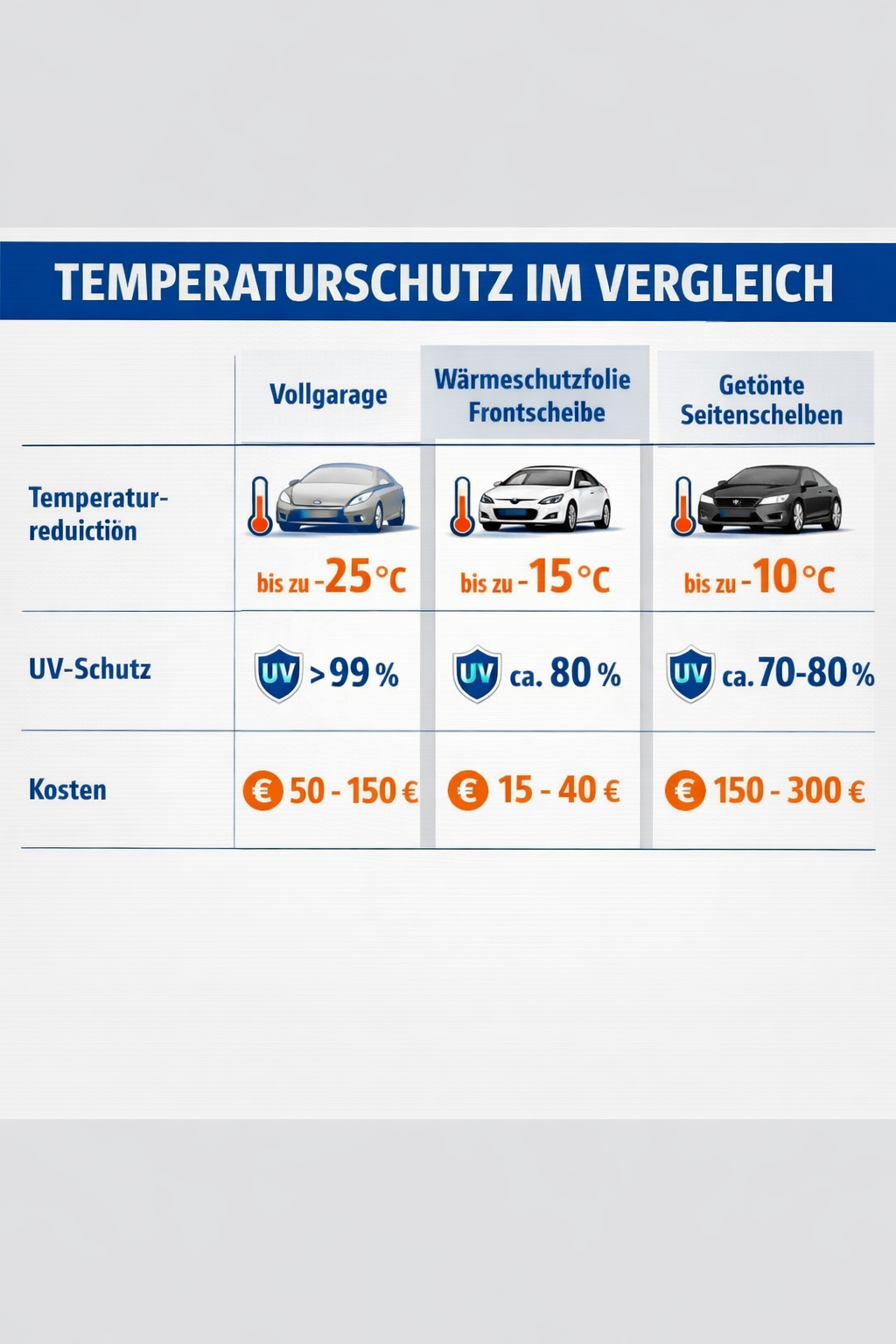 () comparison table graphic styled as a modern German automotive magazine infographic, showing four columns: 'Vollgarage',