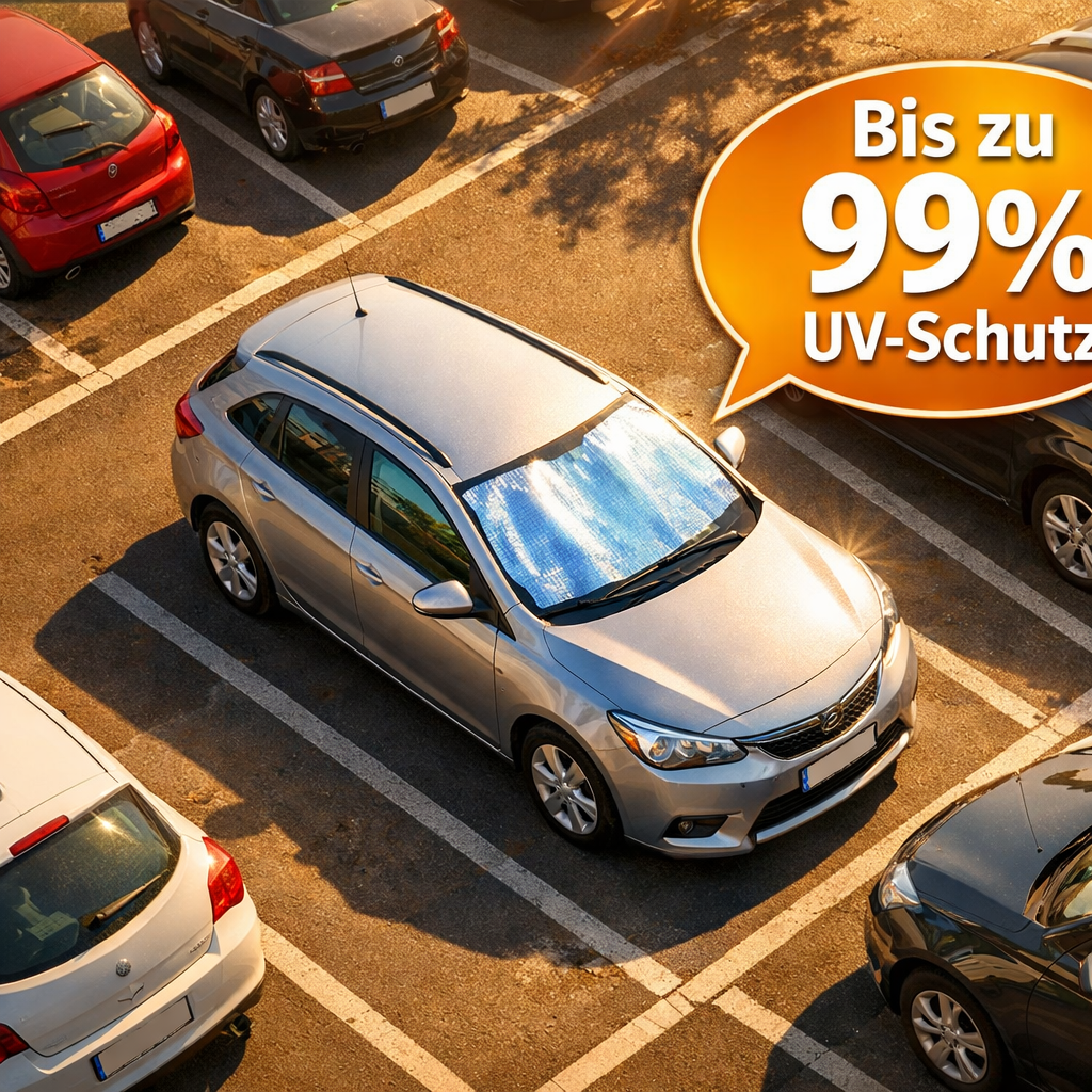 () overhead aerial view of a parking lot on a hot summer day in Germany, multiple cars parked in direct sunlight, one car