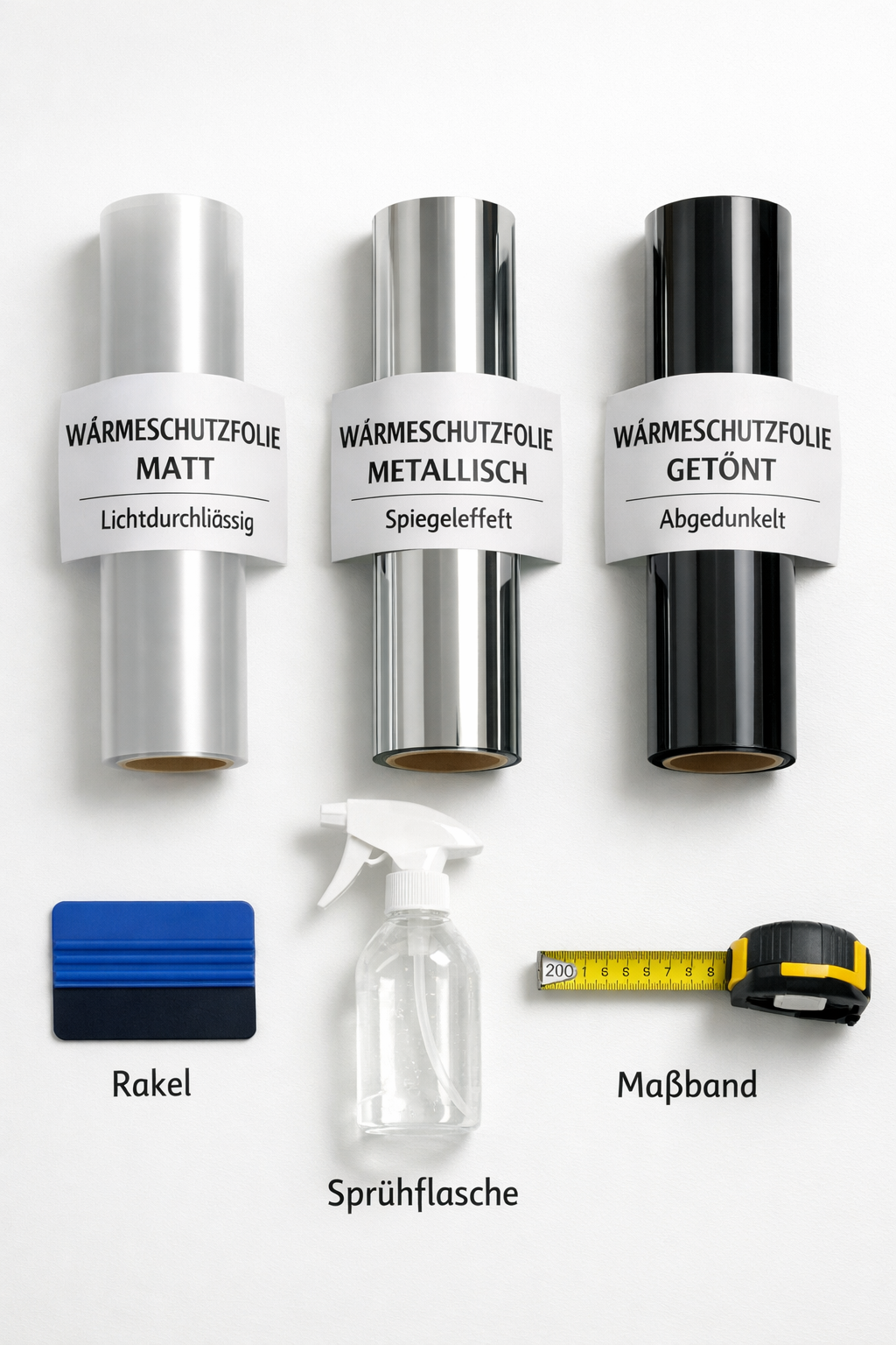 () flat-lay product photography on a clean white surface showing three different Wärmeschutzfolie rolls with different