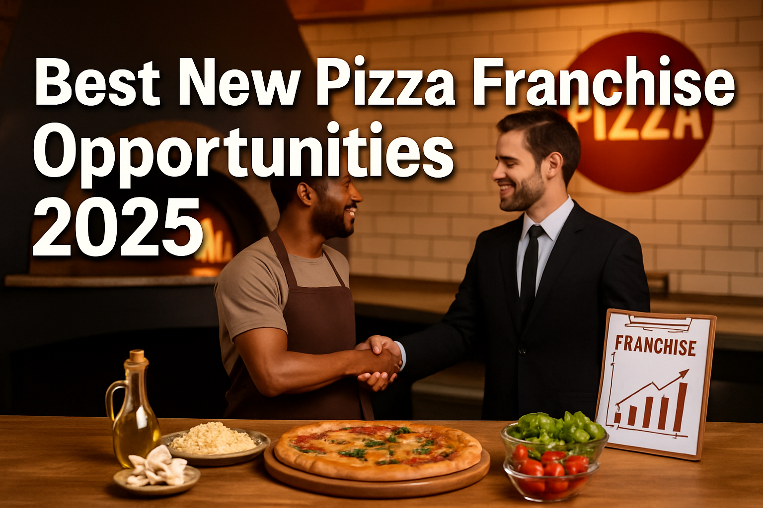 Professional landscape hero image (1536x1024) featuring bold text overlay 'Best New Pizza Franchise Opportunities 2025' in extra large 72pt