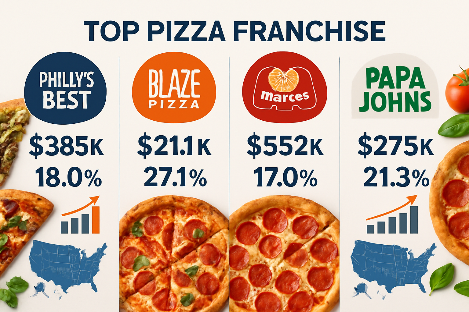 Detailed landscape image (1536x1024) showing comparative analysis of top pizza franchise brands with professional infographic layout featuri