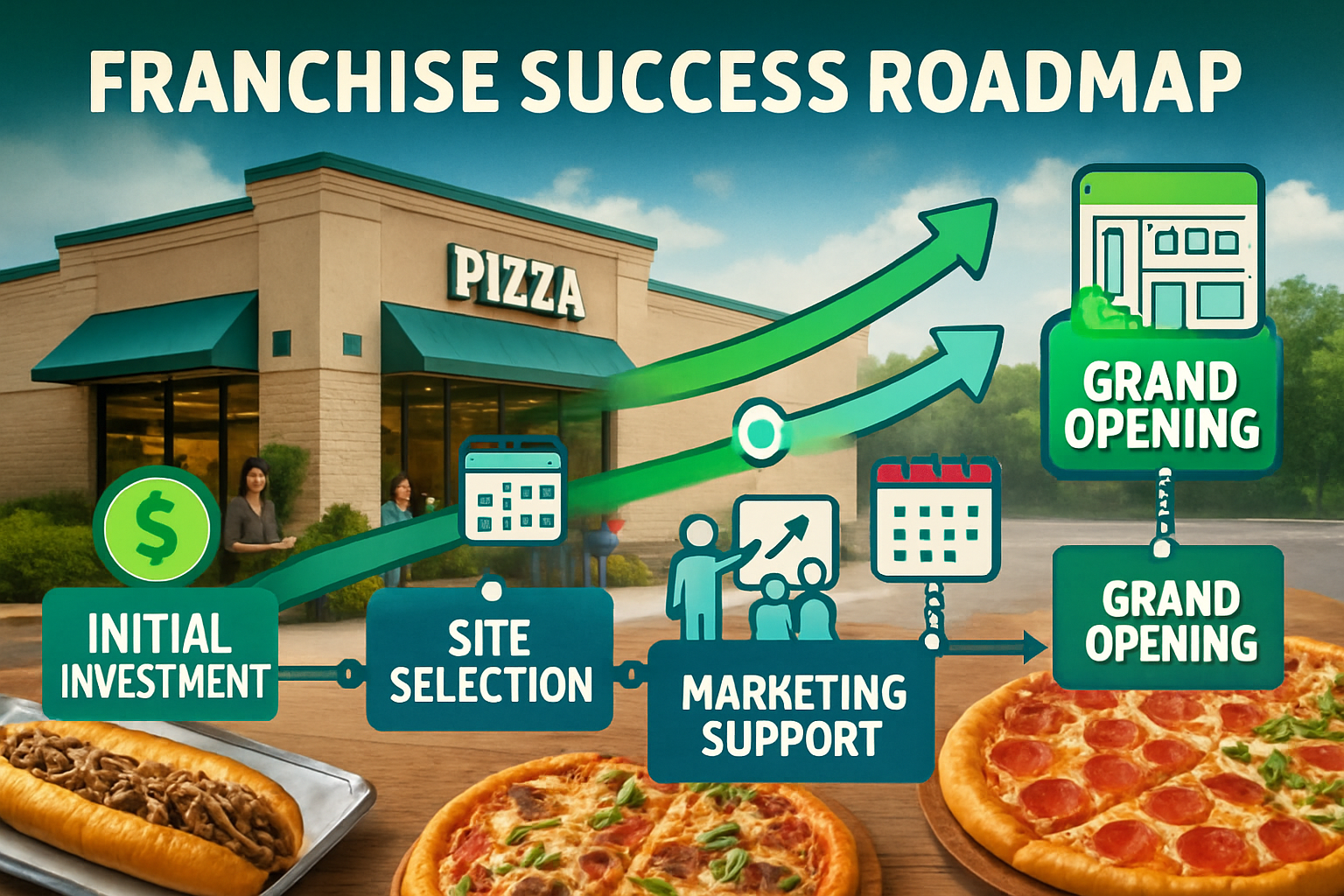 Detailed landscape image (1536x1024) showing franchise success roadmap with timeline visualization from initial investment to grand opening.