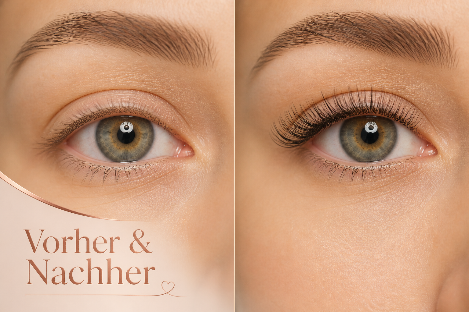 () editorial beauty image showing a side-by-side vorher-nachher (before-after) comparison of eyelash extensions: left panel