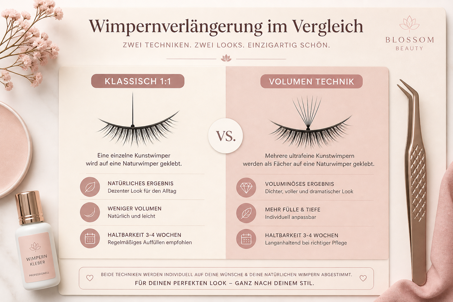 () informational beauty infographic showing two columns labeled 'Klassisch 1:1' and 'Volumen Technik' with illustrated lash