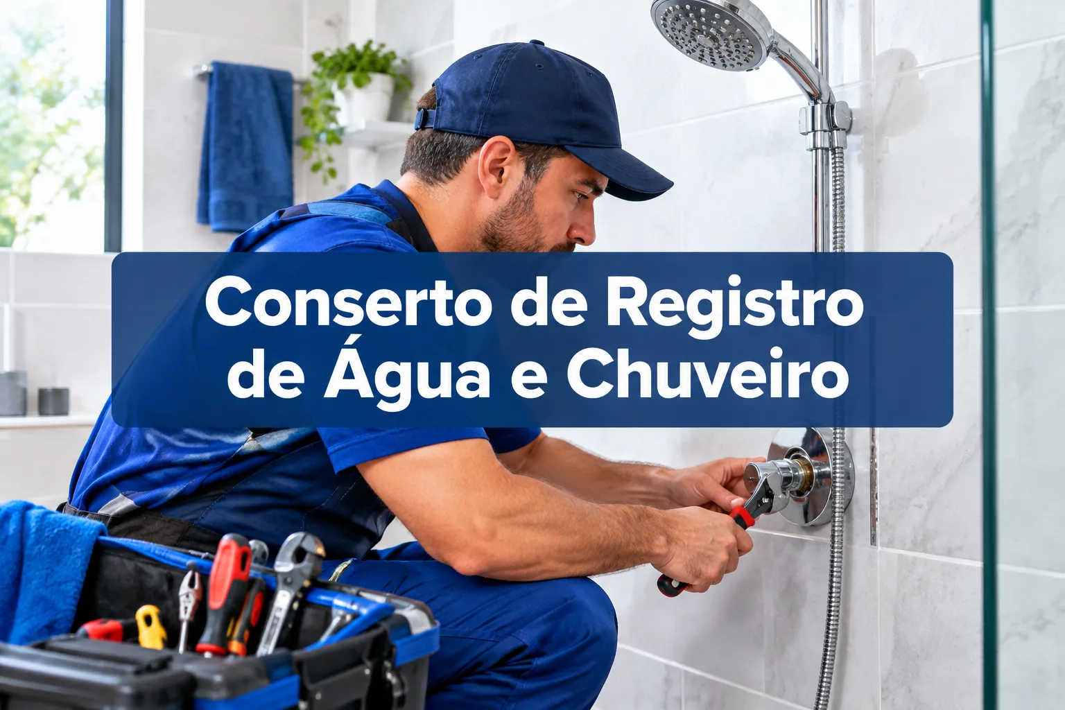 Professional () hero image with SHORT (≤42 chars): 'Conserto de Registro de Água e Chuveiro', white on a dark blue