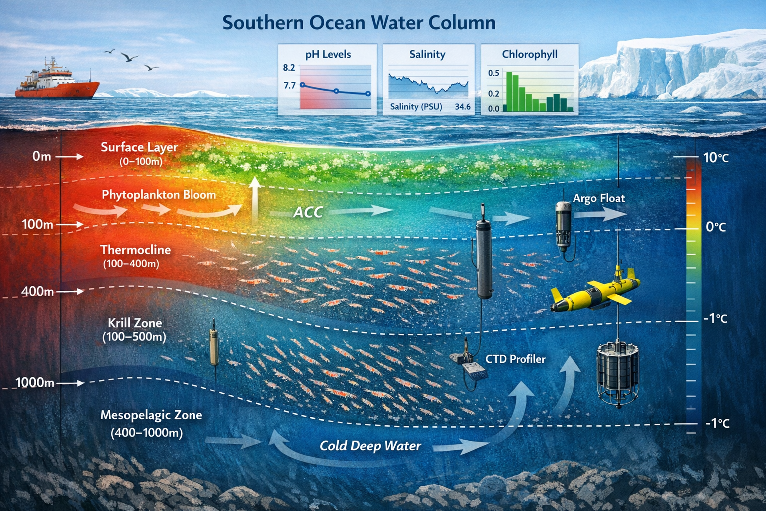 Detailed () illustration showing cross-section view of Southern Ocean water column with labeled biophysical zones from