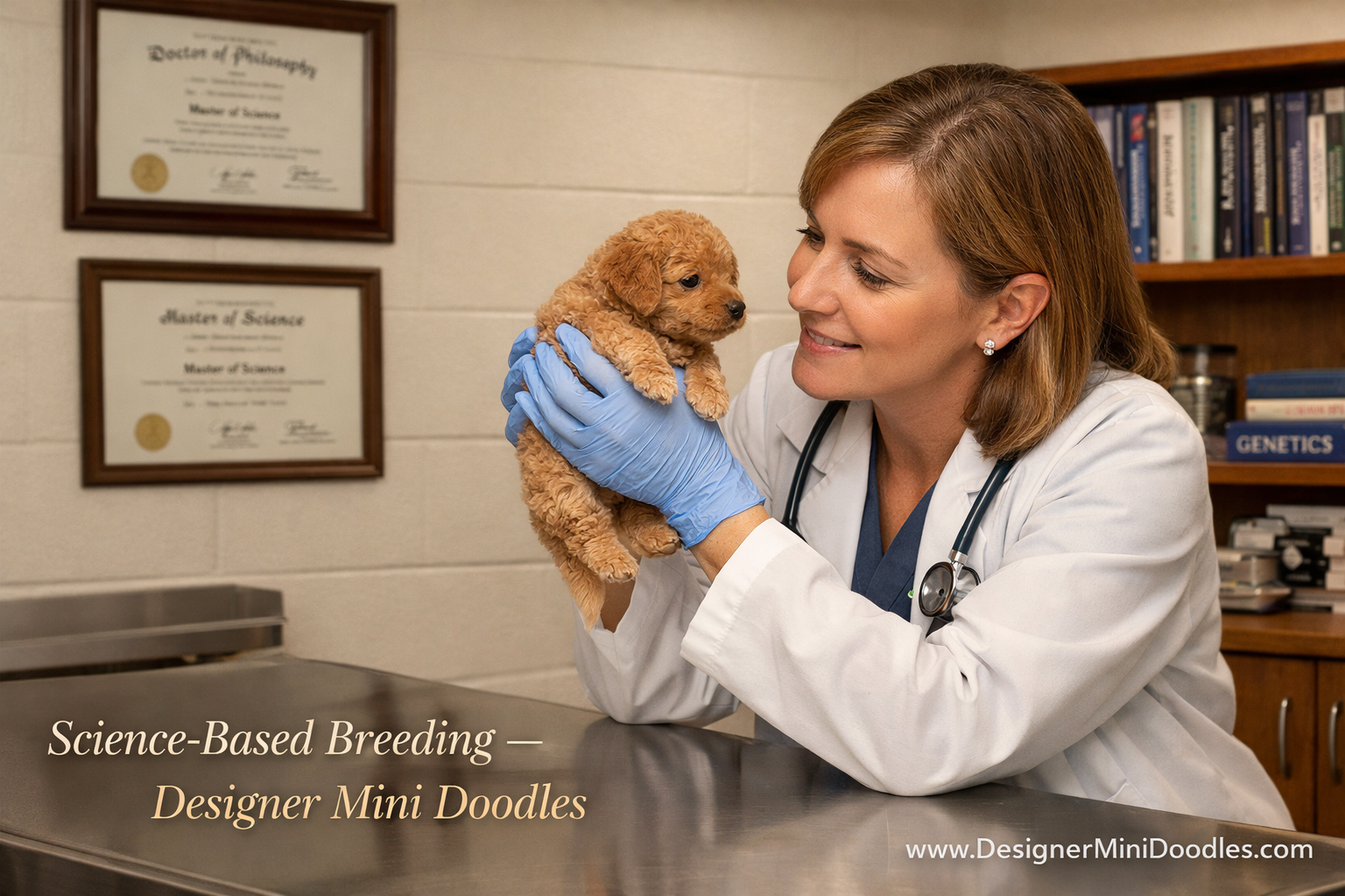 () editorial image showing a professional animal biologist in a clean, well-lit breeding facility in Tennessee examining a