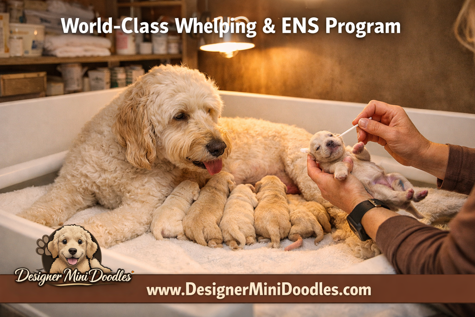 () warm documentary-style photo of a whelping room in a professional Tennessee breeding facility. A mother goldendoodle