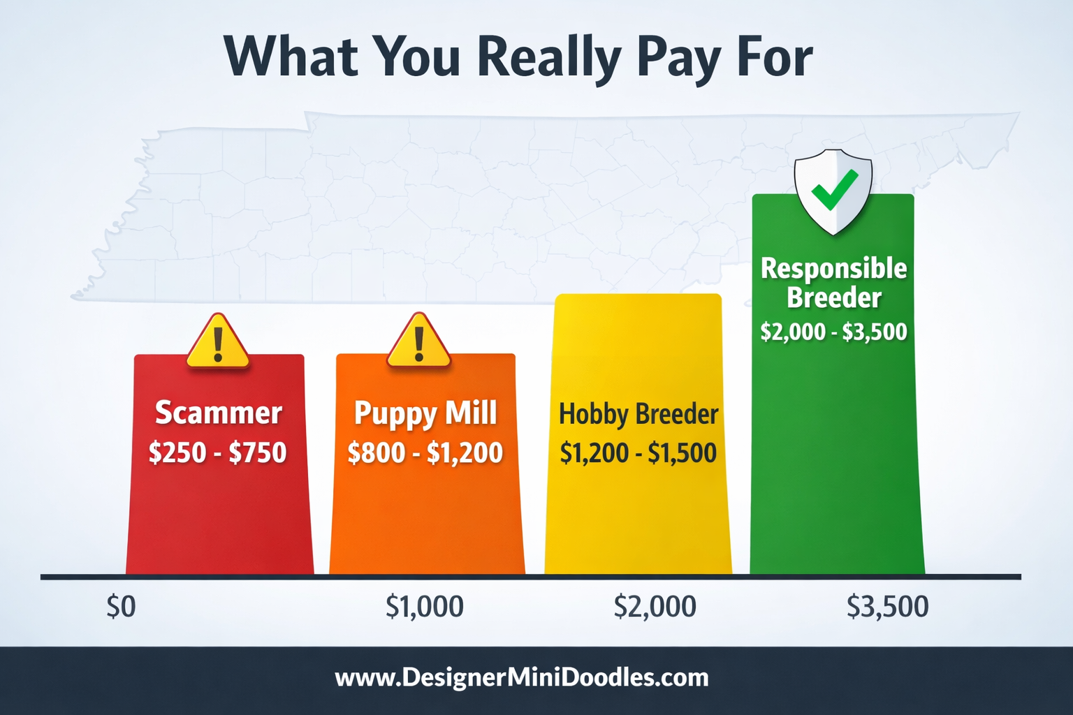 () price comparison bar chart graphic showing four price tiers: Scammer $250-$750 in red, Puppy Mill $800-Happy Tennessee family playing with mini goldendoodle puppies on lawn,200 in orange,