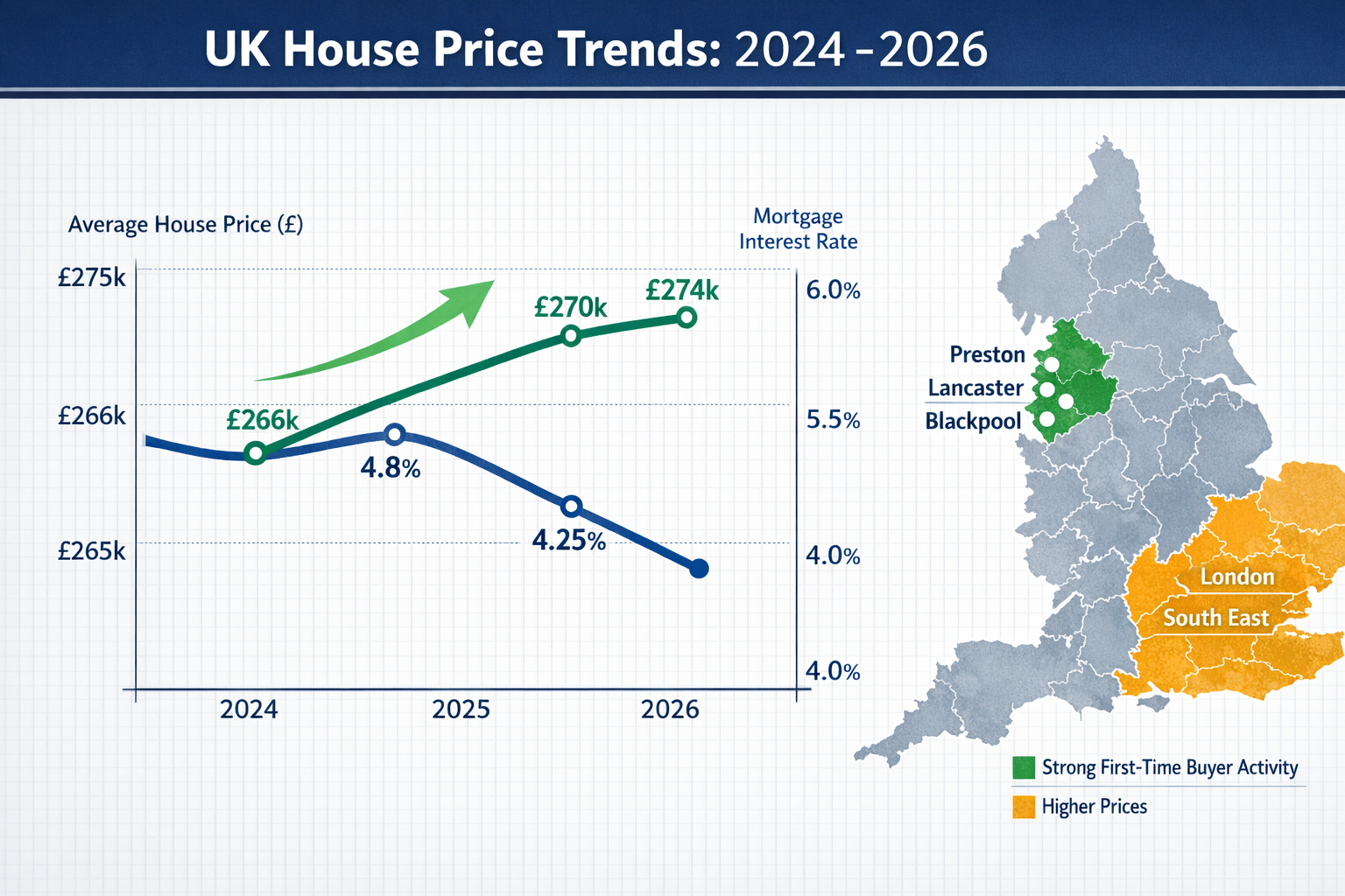 Detailed () infographic showing UK house price trends with dual-axis line graph displaying average property values from