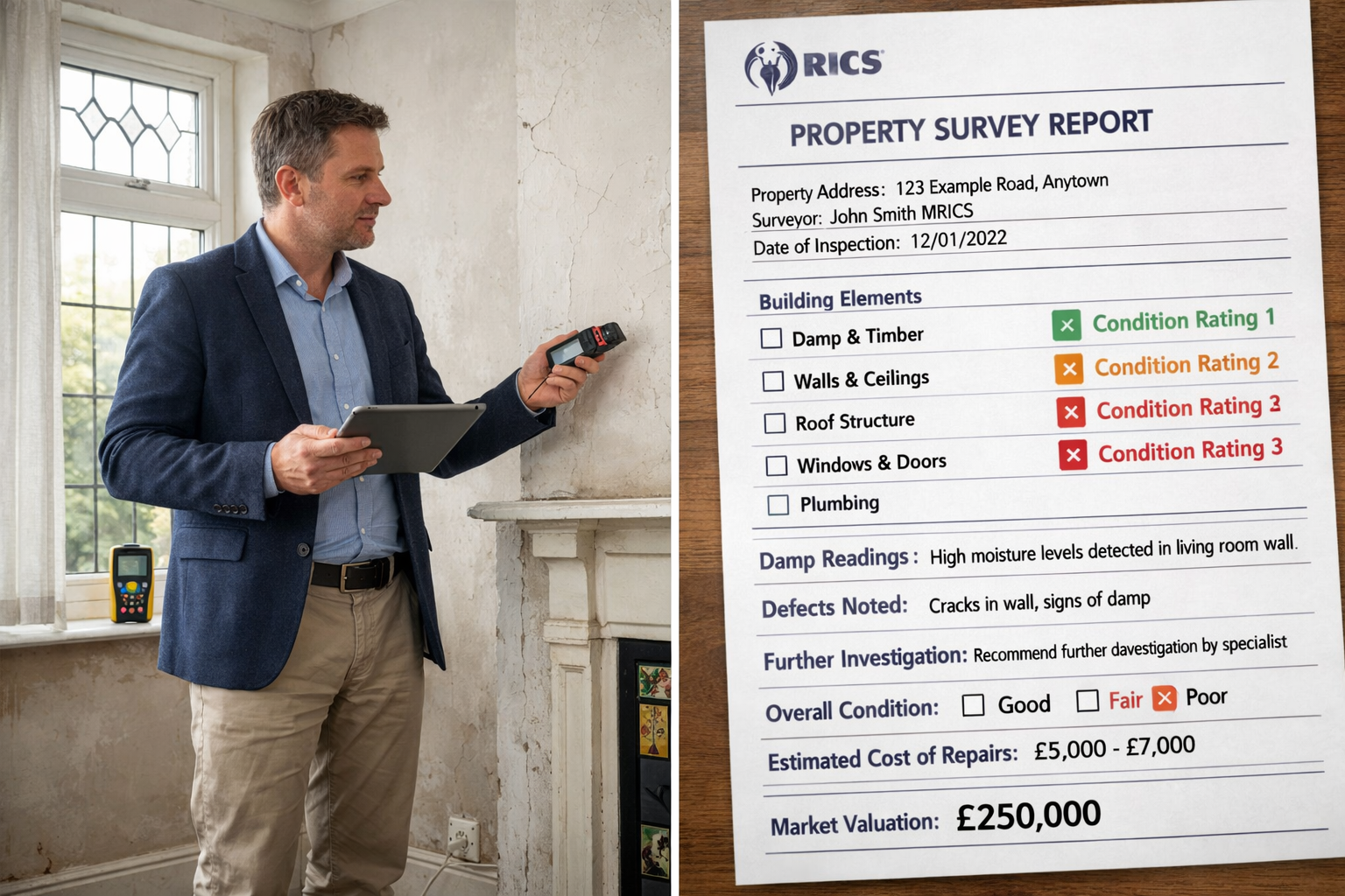 Detailed () scene showing professional RICS chartered surveyor conducting property inspection in typical first-time buyer