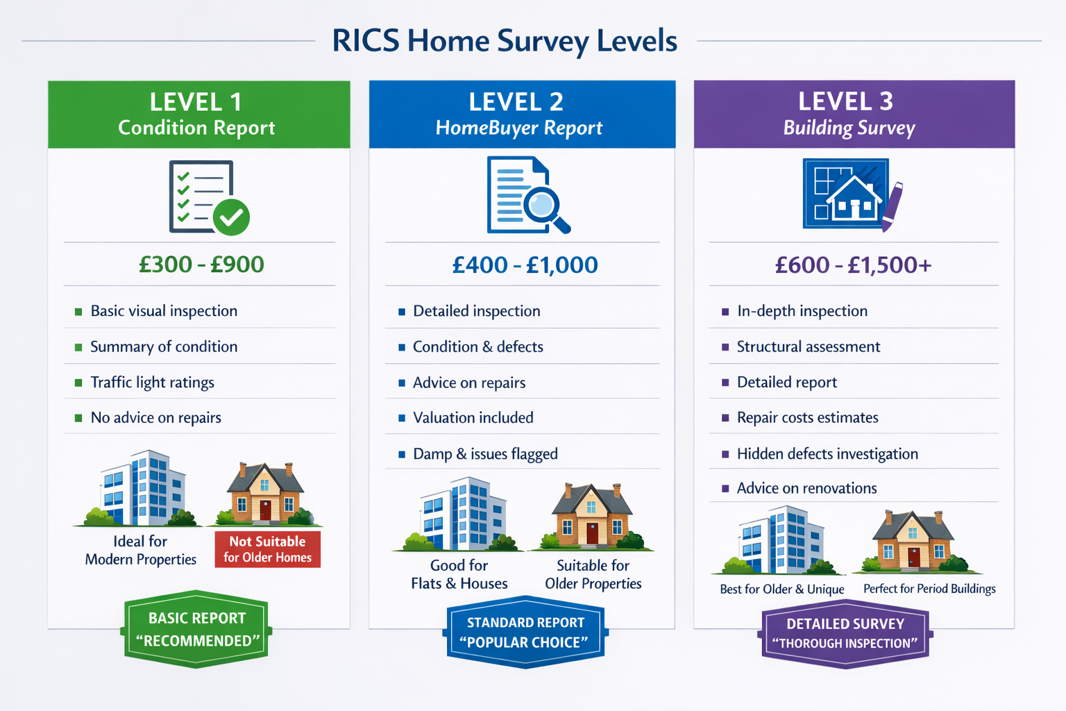 Detailed () comparison infographic displaying three RICS Home Survey levels side-by-side as vertical columns. Level 1