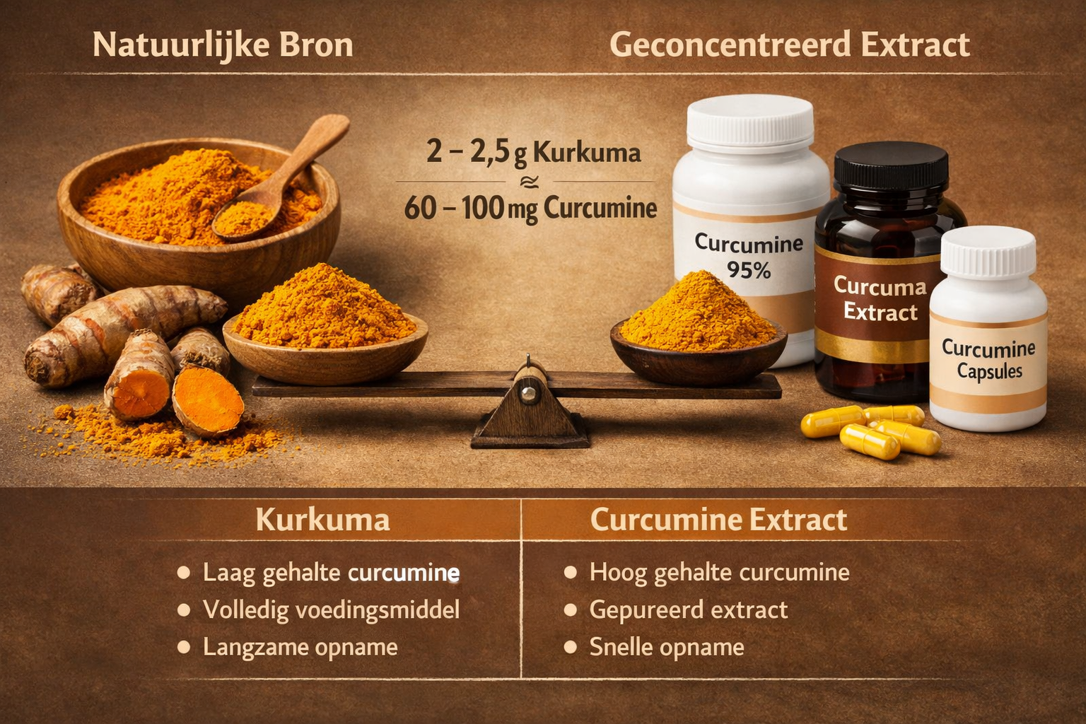 Afbeeldingen met Nederlandse tekst Landscape format (1536x1024) split-screen composition showing turmeric root and powder on left (natural d