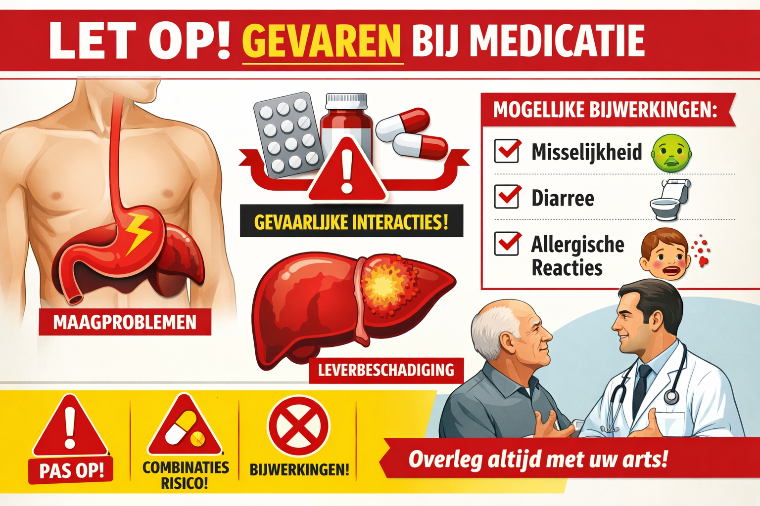 Afbeeldingen met Nederlandse tekst Landscape format (1536x1024) safety warning visual featuring stomach illustration, liver diagram, medicat