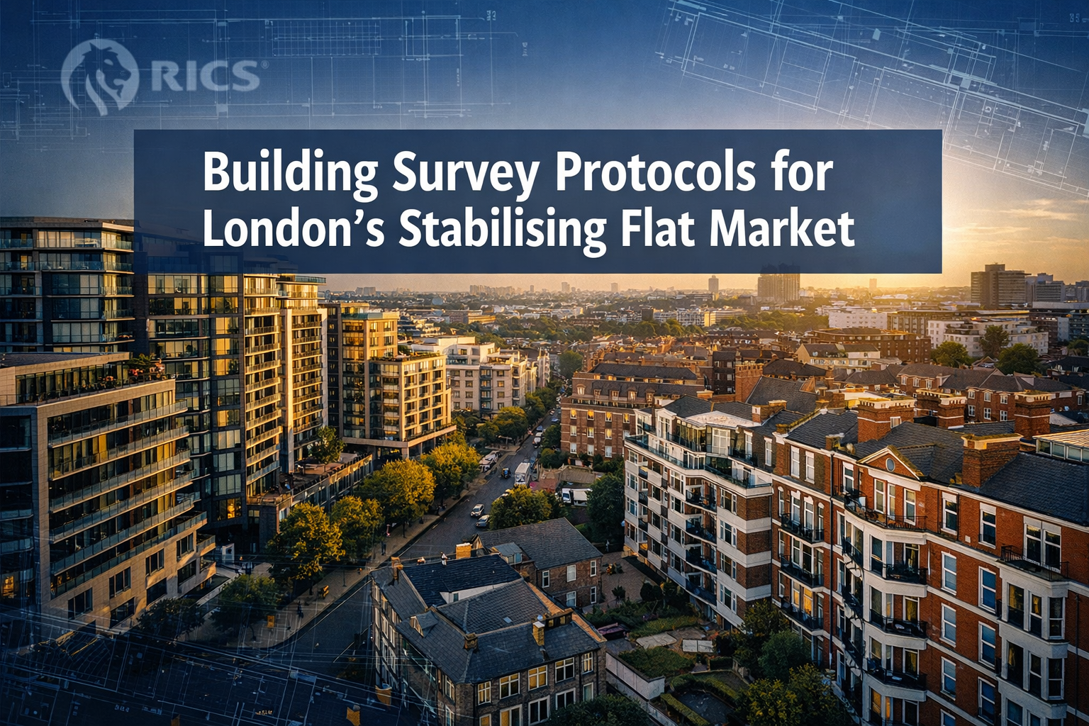 Professional () magazine-style hero image with : 'Building Survey Protocols for London's Stabilising Flat Market' in extra