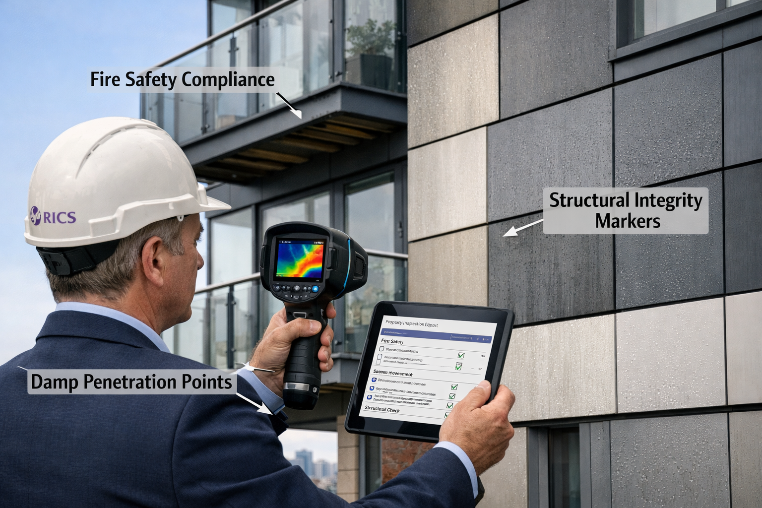 () close-up photorealistic scene of RICS surveyor conducting flat inspection: professional in business attire using tablet