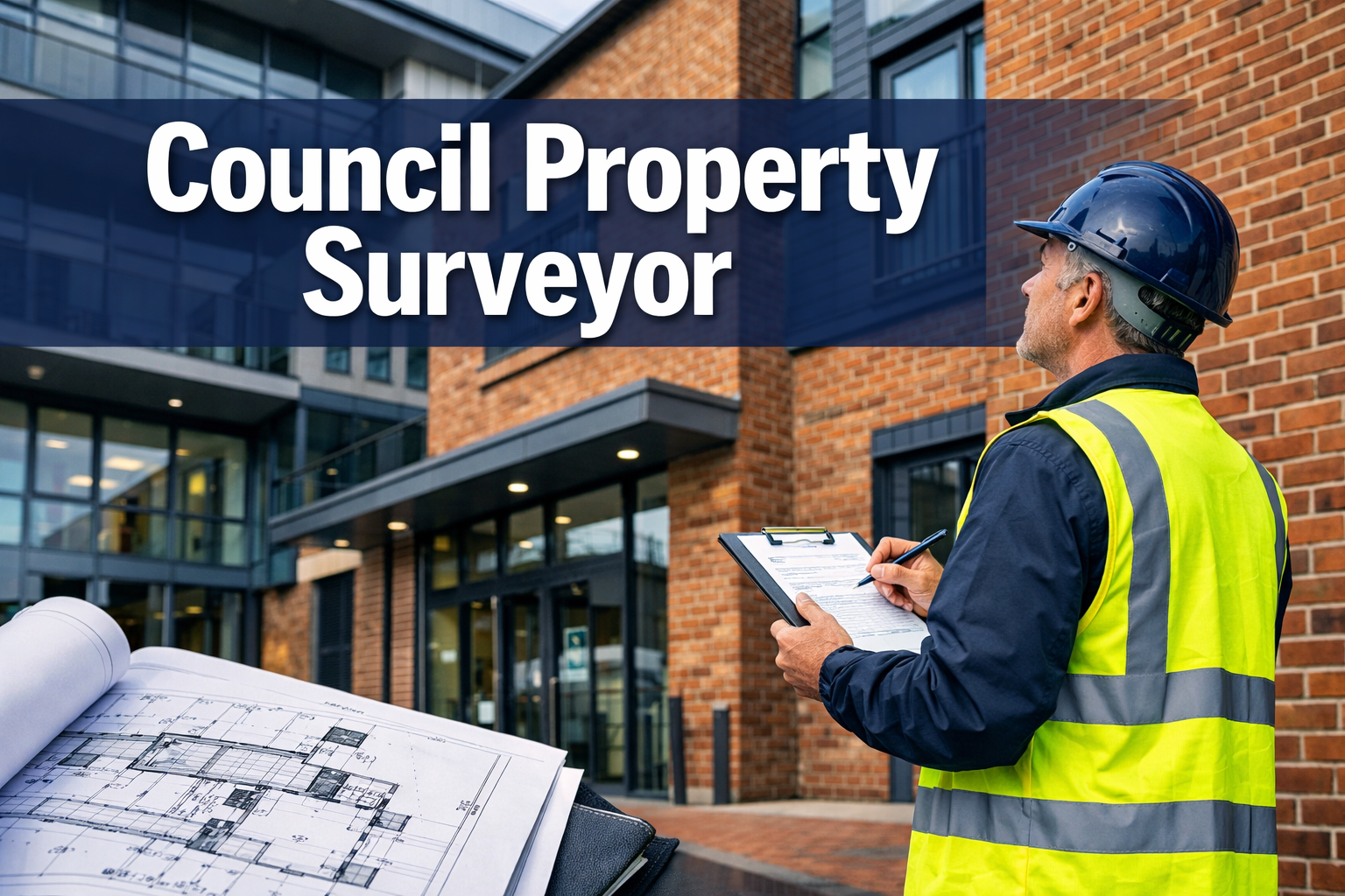 Professional landscape hero image (1536x1024) featuring bold text overlay 'Council Property Surveyor' in extra large 72pt white sans-serif f