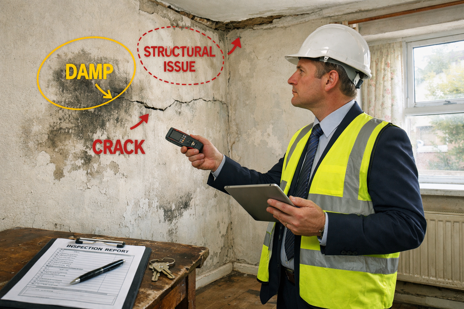 Detailed landscape image (1536x1024) showing professional council property surveyor conducting interior inspection of residential property,