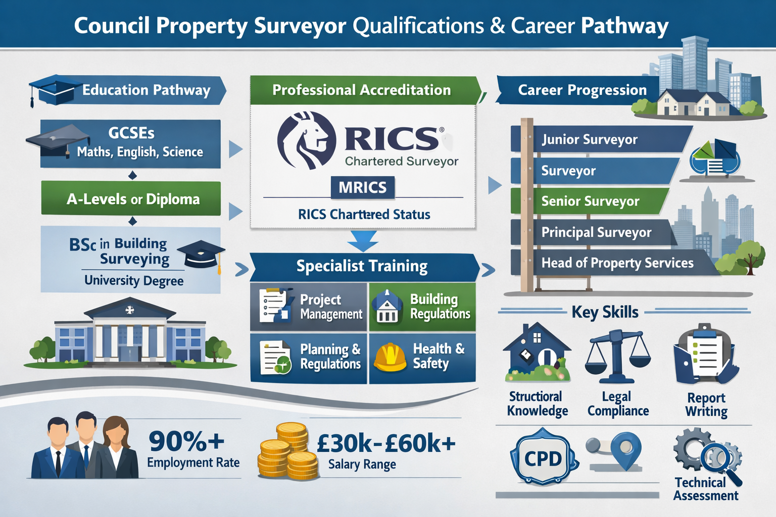 Comprehensive landscape infographic (1536x1024) displaying council property surveyor qualifications and career pathway. Visual flowchart sho