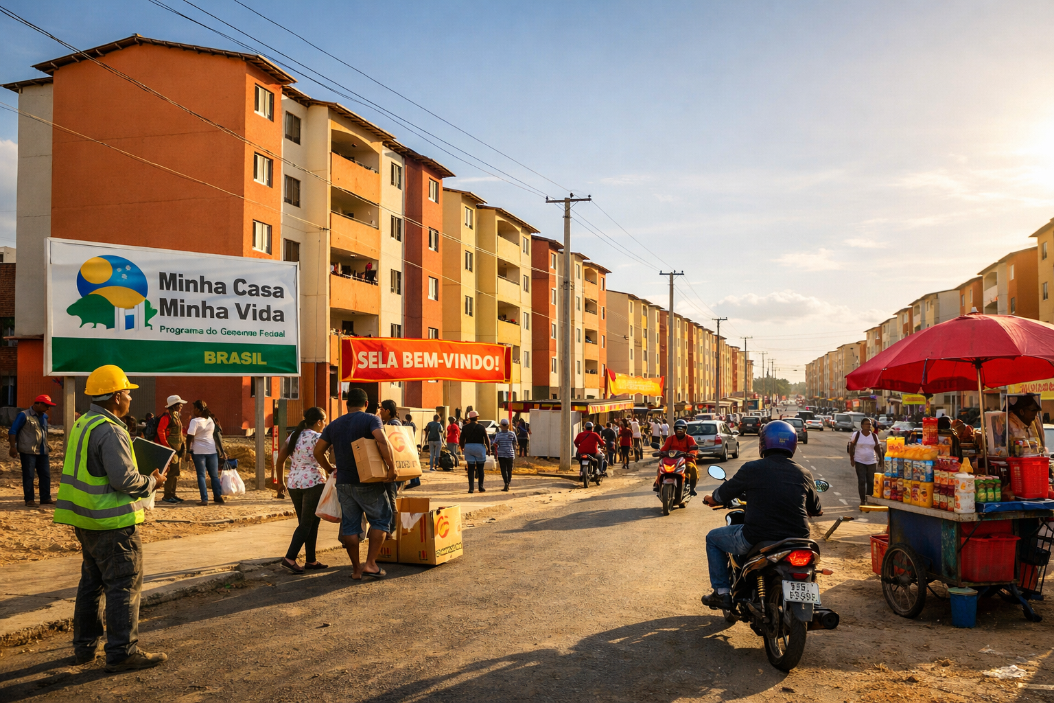 Wide-angle ground-level editorial photograph showing a newly completed Minha Casa Minha Vida residential complex in a