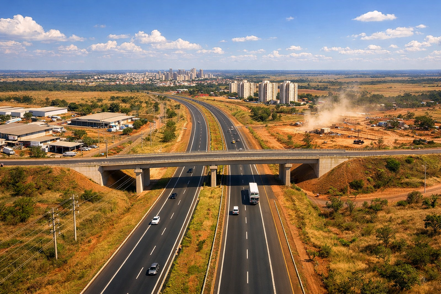 Aerial drone perspective photograph of Brazilian inland infrastructure corridor — a newly paved four-lane highway cutting