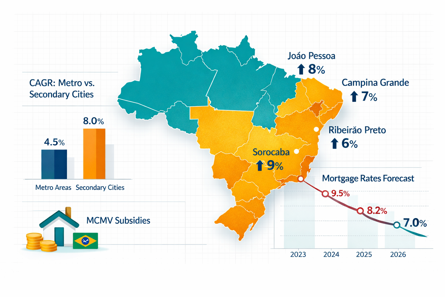 Detailed financial infographic illustration in showing a Brazil map with secondary cities highlighted — João Pessoa, Campina