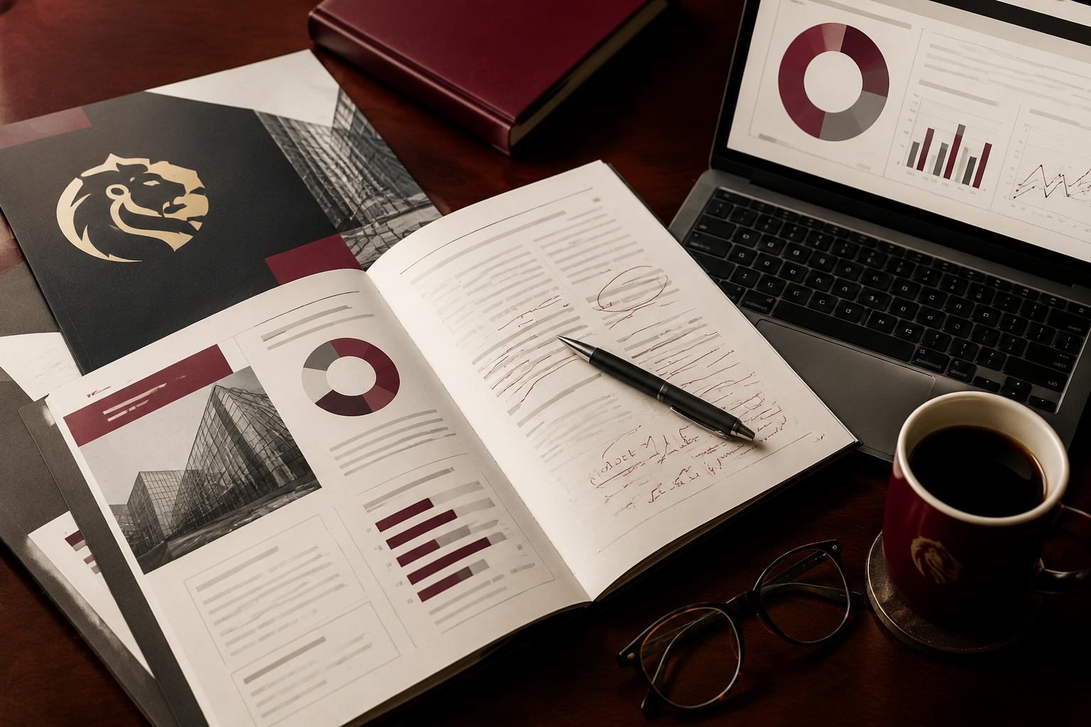 Close-up aerial view of a formal RICS consultation document spread across a mahogany desk alongside a laptop showing survey