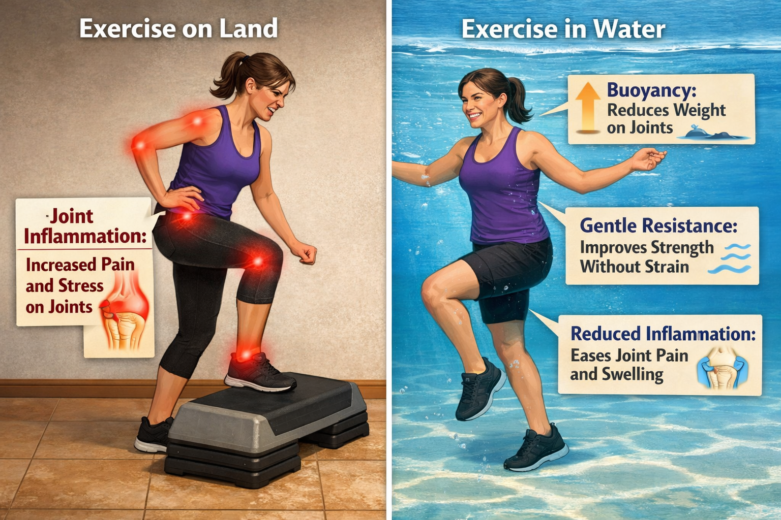 Split-panel visual comparison diagram: left side shows a person with joint inflammation (arthritis/MS) on land exercise,