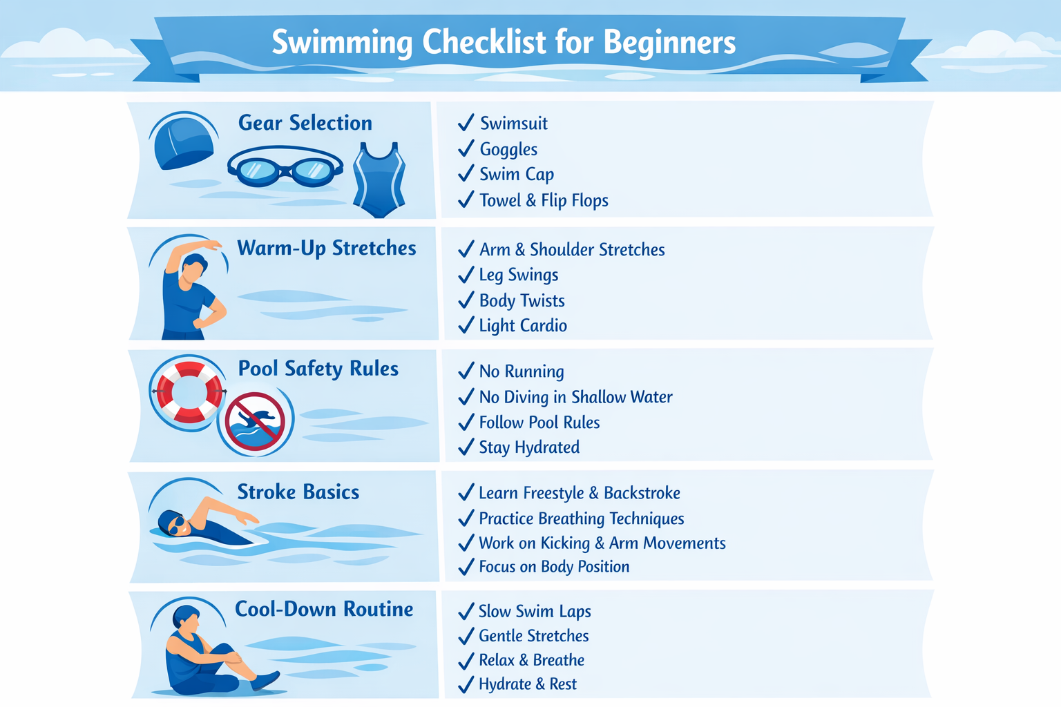 Clean step-by-step beginner's swimming checklist infographic with icons: gear selection, warm-up stretches, pool safety