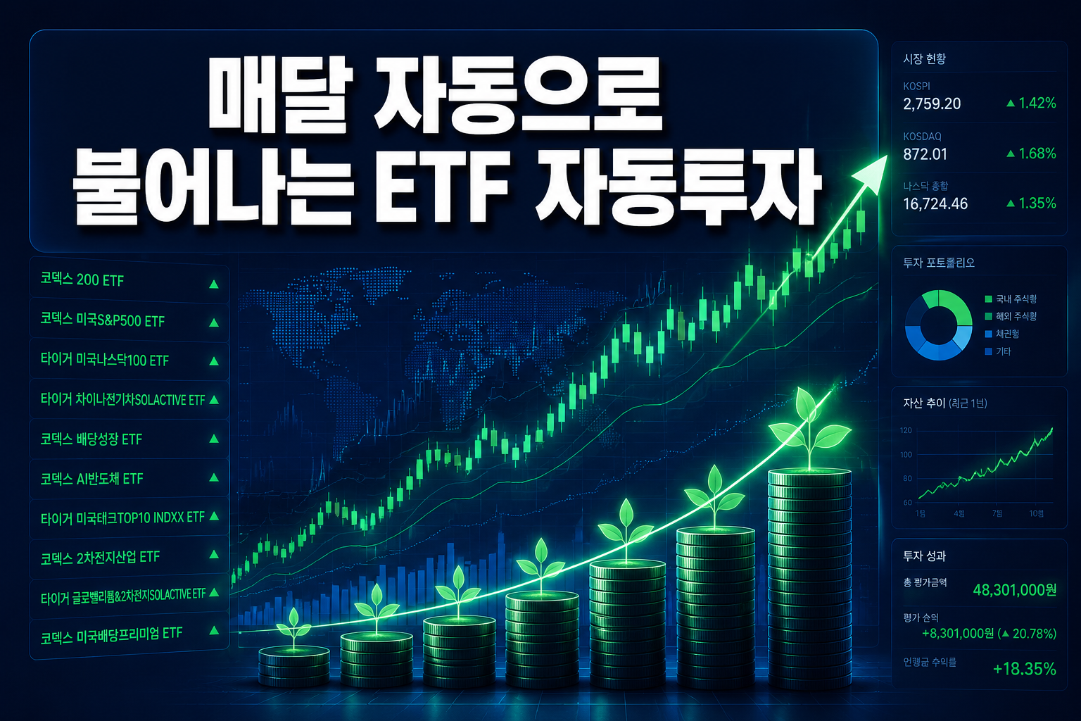 Professional () hero image with '매달 자동으로 불어나는 ETF 자동투자' in extra large white with deep effect, centered upper-third