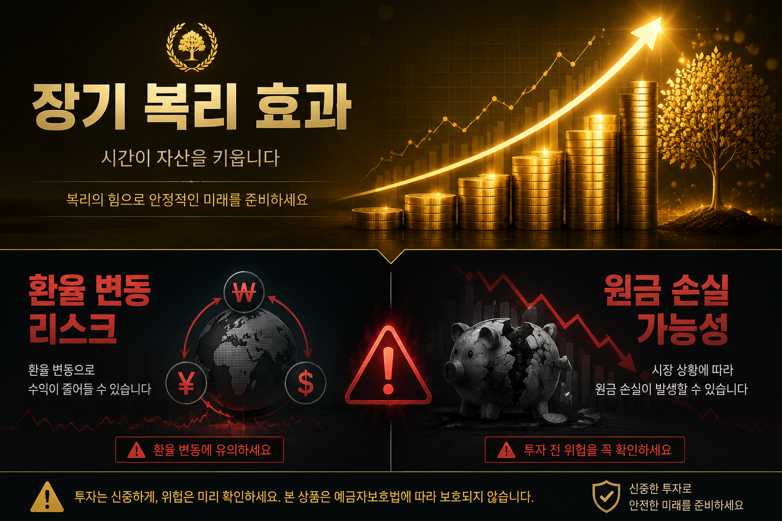 () risk and caution visual: split-screen design showing top half with golden upward growth chart labeled '장기 복리 효과' in