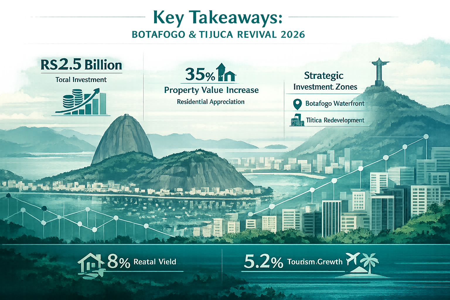 Cinematic landscape infographic visualizing 'Key Takeaways' for Botafogo and Tijuca Revival 2026, featuring stylized Rio de