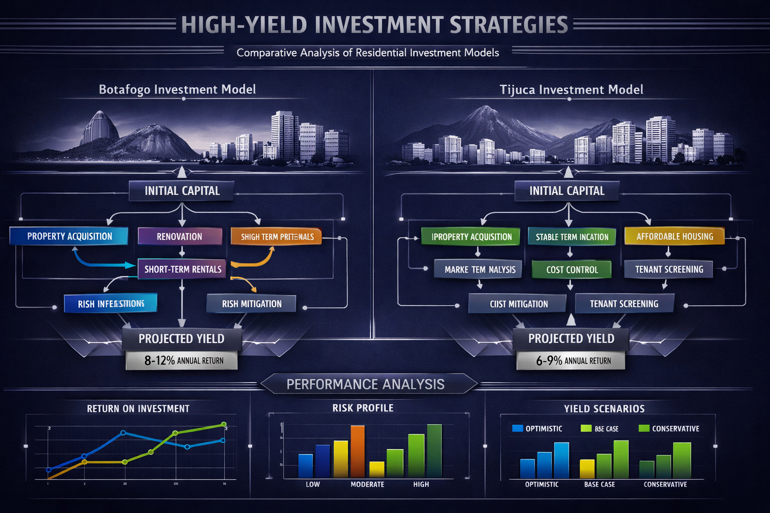 Strategic investment landscape illustration for 'High-Yield Investment Strategies', featuring a multi-dimensional financial