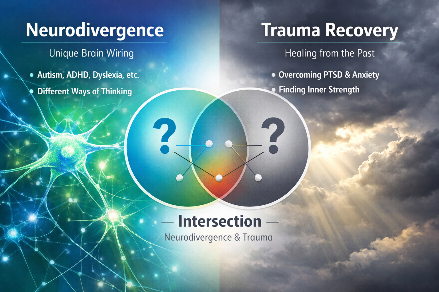 () conceptual illustration showing the intersection of neurodivergence and trauma through visual metaphor. Split composition