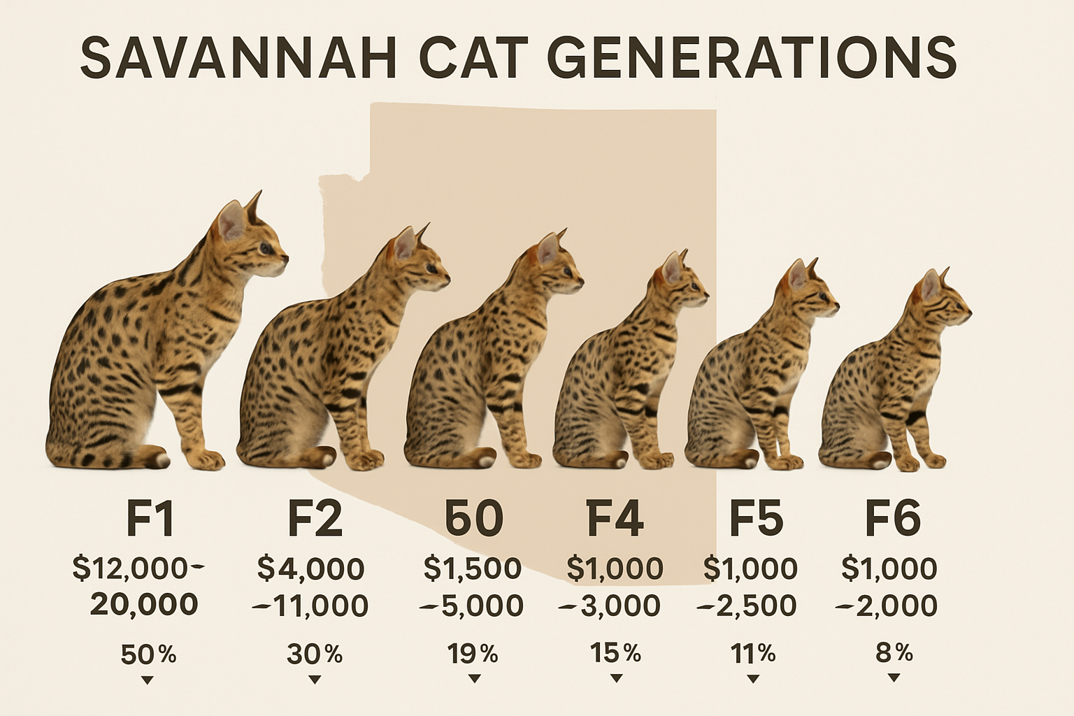 High-quality landscape image (1536x1024) showing comparison chart of different Savannah cat generations F1 through F6, with visual represent