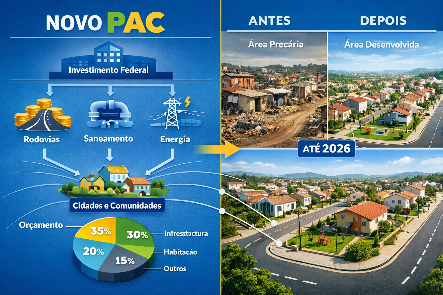 Detailed landscape format (1536x1024) image showing Novo PAC infrastructure program visualization with split-screen composition: left side d