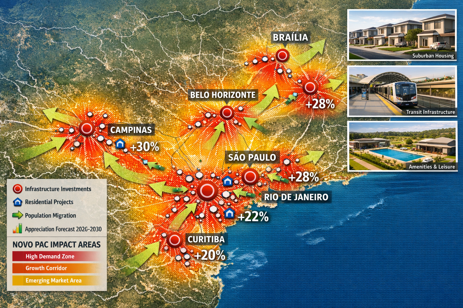Detailed landscape format (1536x1024) image showing future projection map of suburban expansion zones beyond major Brazilian metros with geo