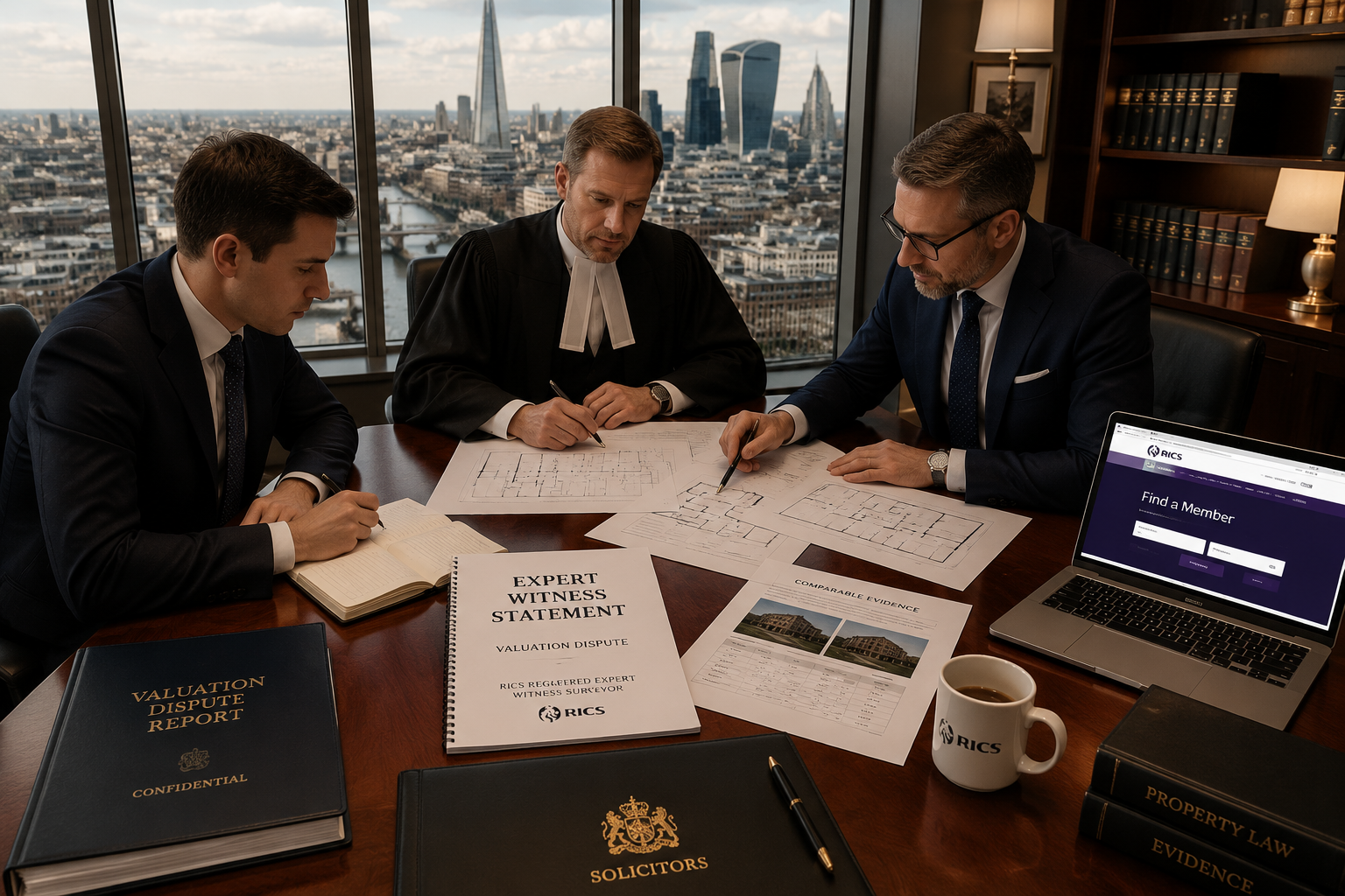 () showing a bird's-eye view of a professional meeting table where a solicitor, barrister, and RICS-registered expert